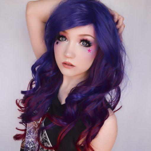 Purple and blue curly wig with bangs | Indigo by Lush Wigs UK