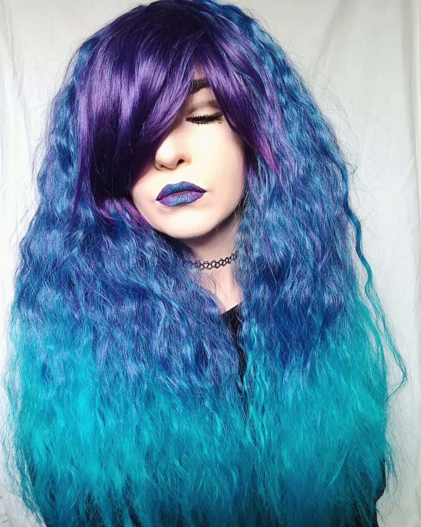 Purple and blue long crimpy wig with bangs | Blueberry Fizz by Lush Wigs UK