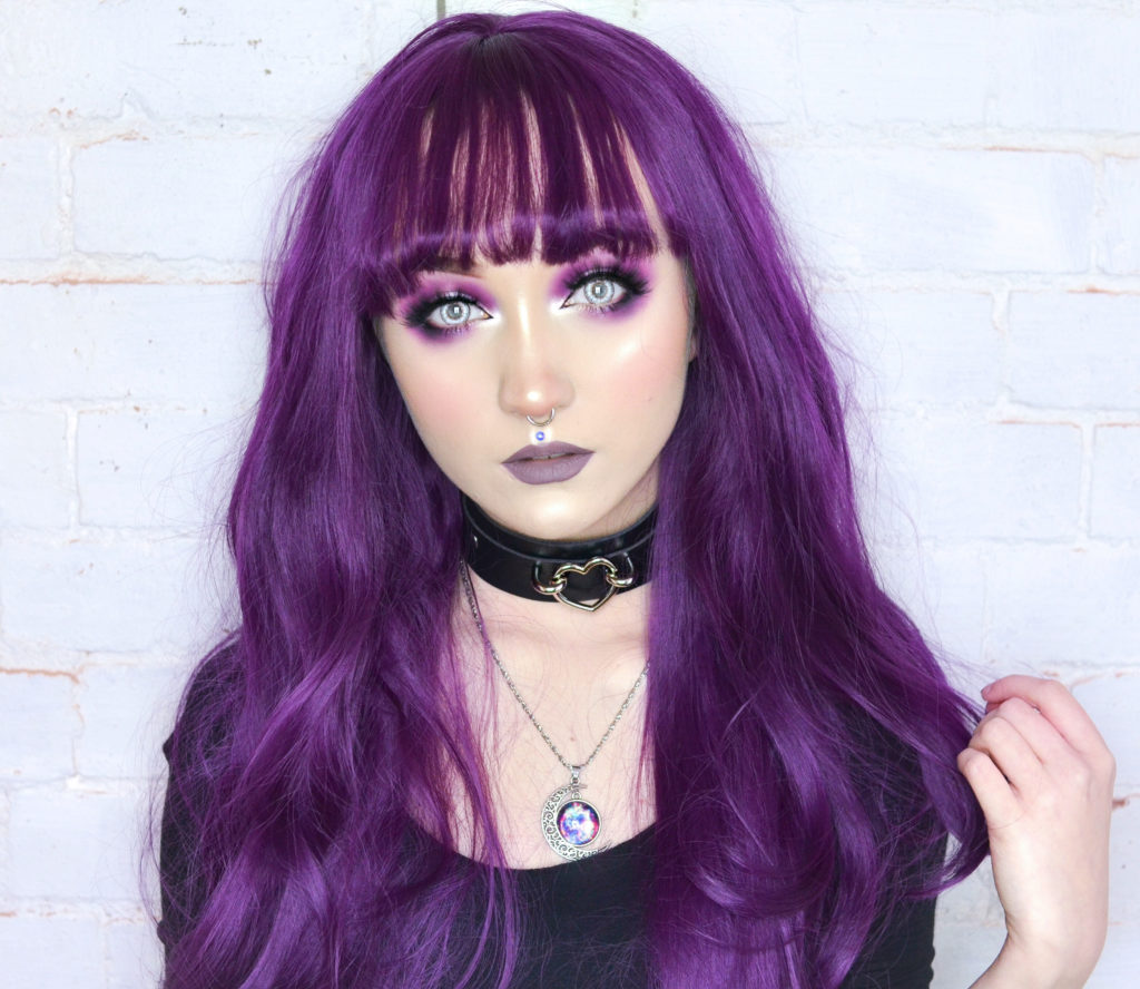 Purple long curly lace front wig with bangs | Deep Purple by Lush Wigs UK